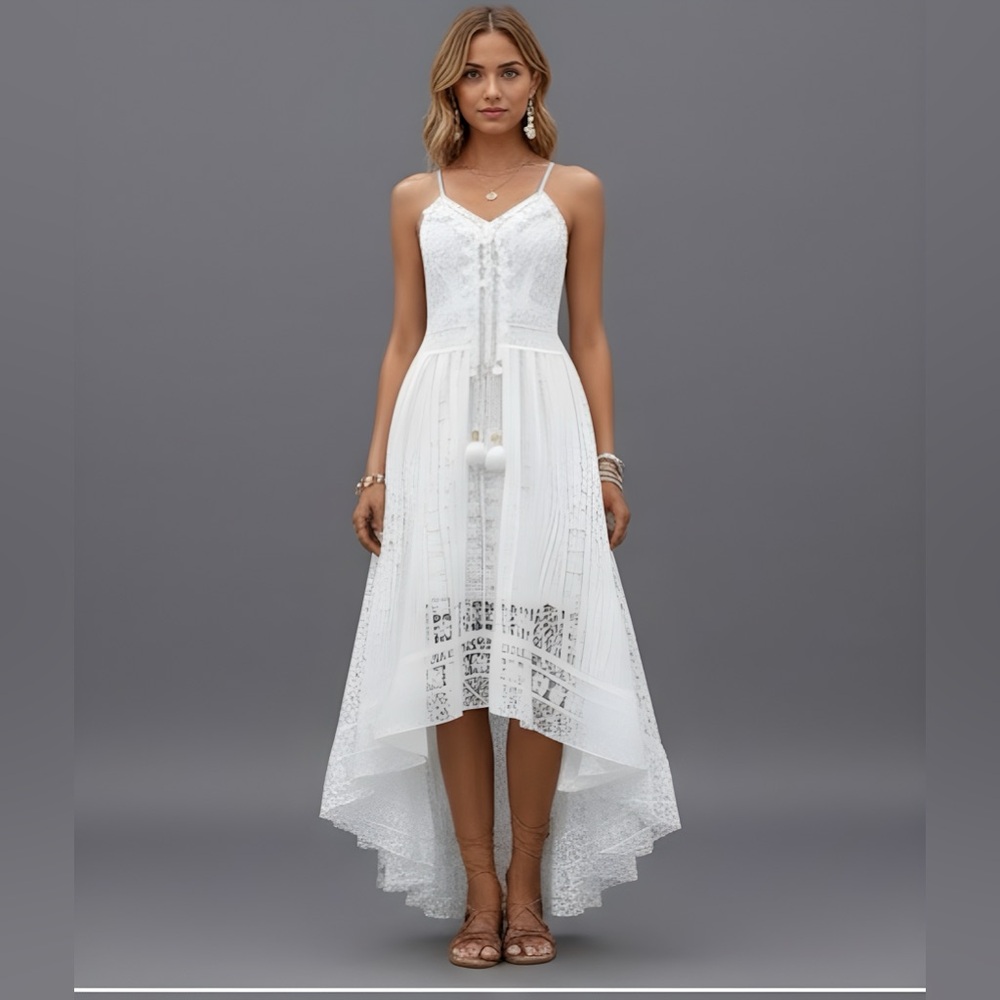 LAST ONE 🔥 White  Boho Guipure Lace Insert Tassel Detail Cami Dress